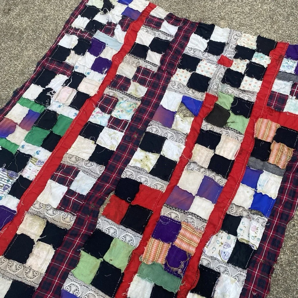 Vintage Patchwork Hand Stitched Squares Quilt Top 58x82 Has Open Seams See Pics